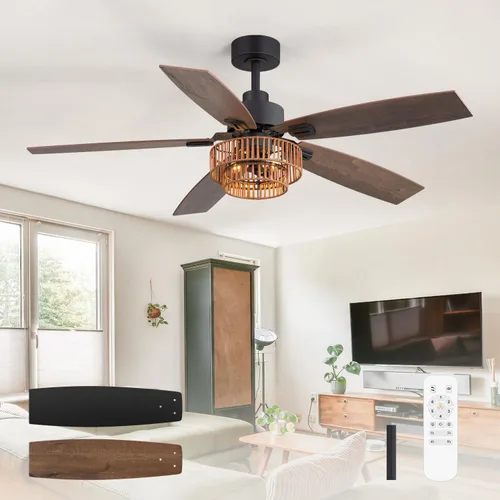 Vista 8 de 52" Farmhouse Ceiling Fans with Lights, Black Ceiling Fan with 6 Wind Speed Remote Control, Dual Finish 5 Blades, Reversible DC Motor, Rattan Caged