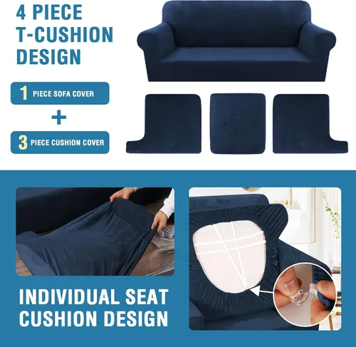 Vista 4 de H.VERSAILTEX Fundas elásticas de terciopelo para sofá de 3 cojines en T (72-90 pulgadas), funda para sillón de 1 sofá con cojín en T