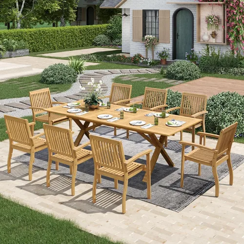 Vista 8 de MIXPATIO Juego de comedor de madera de acacia para exteriores, juego de mesa de comedor y sillas de patio de 7 piezas, mesa de comedor expandible