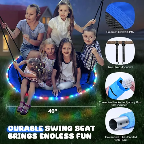 Vista 5 de Trekassy Columpio de árbol de platillo de 40 pulgadas con luces LED para niños y adultos, al aire libre, 2 correas para colgar en árboles, color azul