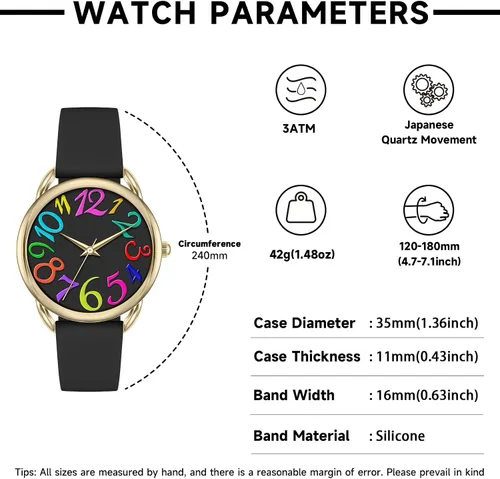 Vista 5 de Bisley Reloj para mujer de cara grande, colorido número arábigo, fácil de leer, correa de silicona suave