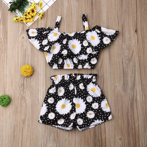 Vista 2 de Conjunto de 2 piezas de ropa con volantes y cuello halter floral para niños pequeños