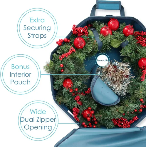 Vista 4 de Contenedor para guardar coronas - Bolsa de almacenamiento para coronas de Navidad de carcasa dura con bolsillos interiores, doble cremallera y asas