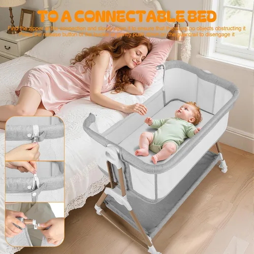Vista 8 de Cuteam 3 in 1 Baby Bassinet with Rocking Mode and Bedside Crib Design Grey