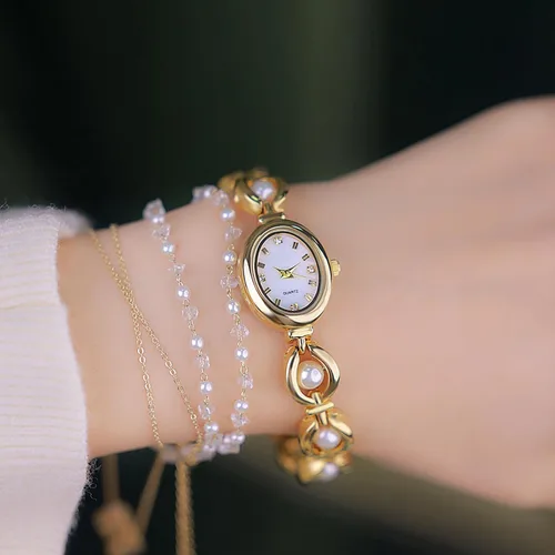 Vista 5 de BESTKANG Elegante reloj de pulsera vintage dorado para mujer, reloj de cuarzo con esfera ovalada, reloj de pulsera impermeable para mujer
