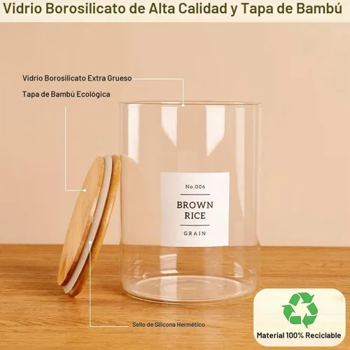 Vista 6 de 3 recipientes de vidrio con tapas herméticas de bambú y 42 etiquetas de despensa de cocina preimpresas, juego de recipientes de almacenamiento