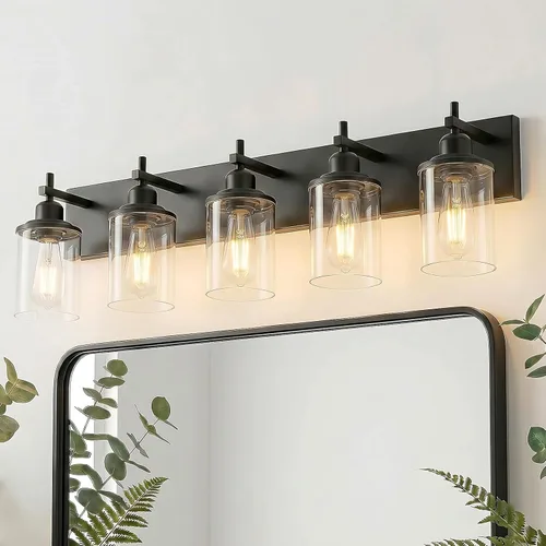 Vista 14 de Lanhall Lámpara de baño de 3 luces, estilo granja, vintage, sobre espejo, de metal pintado en madera y negro con pantalla de cristal, enchufe E26