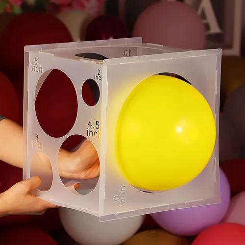Vista 6 de Acrice - Caja de medición de globos de plástico plegable con 9 tamaños diferentes de agujeros para decoraciones de globos de cumpleaños (plástico)
