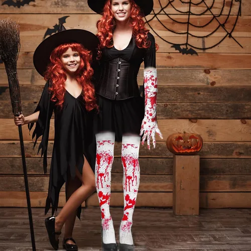 Vista 7 de Famiredo Calcetines altos y guantes para disfraz de Halloween, 1 par de guantes manchados de sangre y 1 par de calcetines manchados de sangre