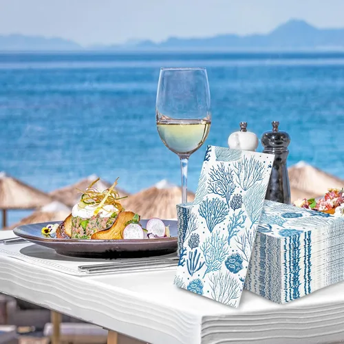 Vista 7 de JarThenaAMCS 100 servilletas de papel desechables de arrecife de coral blanco y azul, toalla de mano para cena de verano para el hogar, cocina