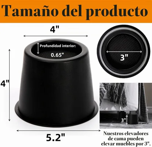 Vista 2 de Noamus Paquete de 6 elevadores redondos de cama, bloques de elevación de muebles de 4 pulgadas, elevadores negros con almohadillas de espuma