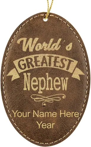 Vista 9 de LaserGram Personalized Christmas Ornament, World's Greatest Nephew, Faux Leather, Custom Laser Engraved Gift Idea (Oval Shape, Black with Gold)