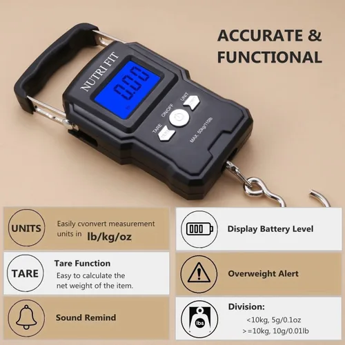 Vista 2 de NUTRI FIT Báscula de equipaje digital para maleta, báscula portátil para viajes, báscula de peso de pescado de mano con gancho para pesca, 110