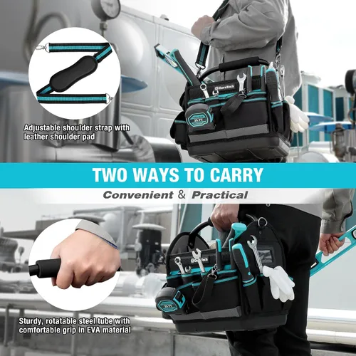 Vista 7 de DURATECH Bolsa de herramientas de 12 pulgadas con fondo duro impermeable, bolsa de herramientas para electricista con mango giratorio, bolsa