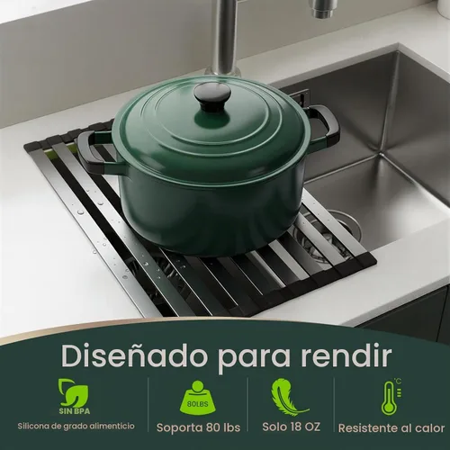Vista 5 de Meowoo Escurridor de platos rectangular, 15.7 x 13 pulgadas, escurridor de platos enrollable sobre el fregadero, base de silicona antideslizante