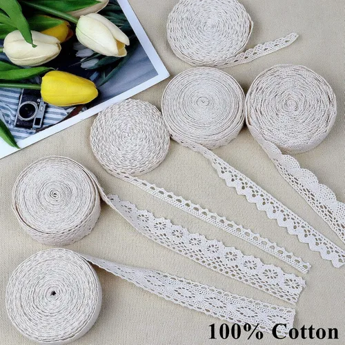 Vista 3 de Cinta de encaje beige de algodón para álbumes de recortes, atrapasueños, suministros de manualidades decorativas (33 yardas)