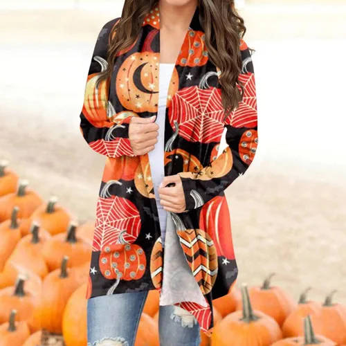 Vista 2 de ZEFOTIM Cárdigans de Halloween para mujer, con estampado de murciélago y calabaza, frente abierto, ligero, lindas y divertidas camisas