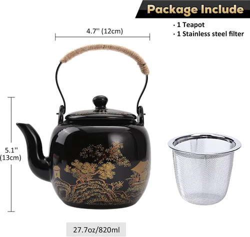 Vista 5 de DUJUST Tetera Japonesa Tradicional, Tetera de Porcelana Negra China con Infusor de Acero Inoxidable, Hermosa Tetera Asiática para Adultos, Amante