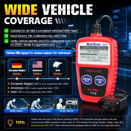 Vista 13 de Autel OBD2 Escáner MS309 Universal para Coche, Lector de Códigos de Fallas del Motor, Comprueba la Luz de Verificación del Motor y el Estado