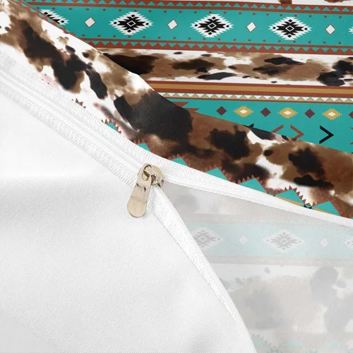 Vista 6 de Juego de ropa de cama de piel de vaca, funda de edredón con estampado de vaca de las tierras altas, tamaño individual, funda de edredón tribal Multi