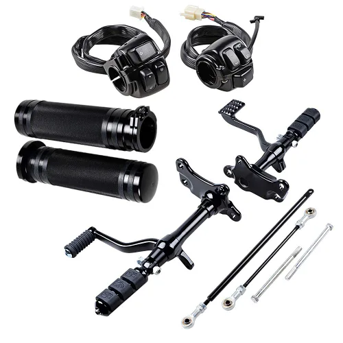 Vista 14 de Juego compatible para 1 pulgada de manillar de Harley 96-12, interruptor de bocina, luces delanteras y señales de giro, empuñaduras y tapa de Negro
