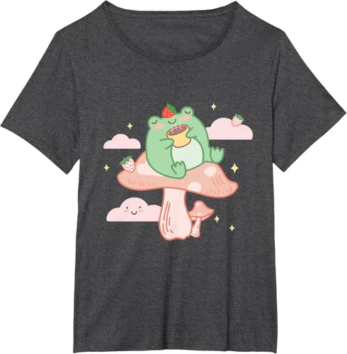 Vista 29 de Kawaii Strawberry Frog On Mushroom - Camiseta de manga corta de anime, Azul / Patchwork, S Azul Pastel