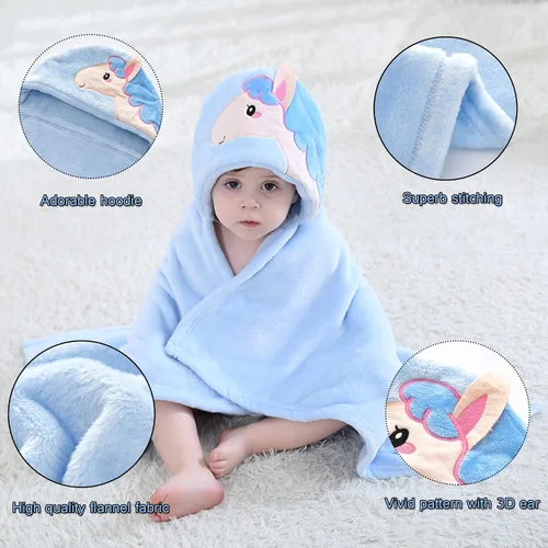 Vista 2 de TONWHAR Manta con capucha de cara de animal para bebés y niños de 0 a 4 años, manta de felpa para después del baño (caballo azul)