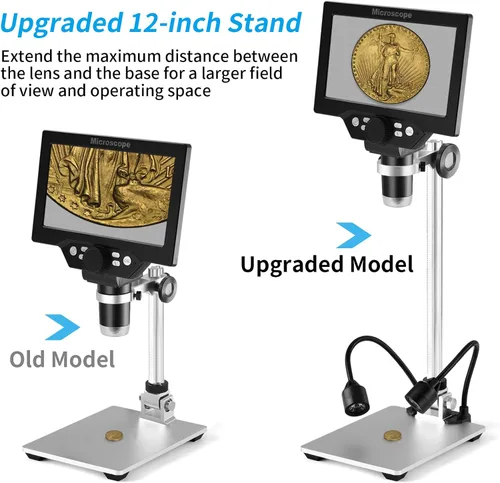 Vista 2 de Koolertron Soporte de microscopio digital LCD, brazo de extensión de aluminio de 12 pulgadas con 2 luces de llenado, soporte de enfoque manual