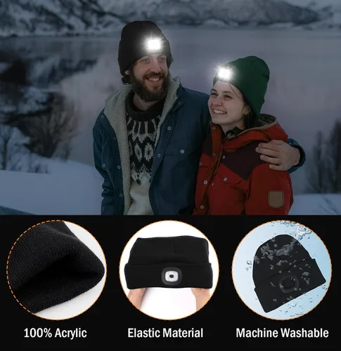 Vista 5 de Gorro LED unisex, linterna de invierno recargable por USB, gorro de Navidad con luz para hombre, esmeralda