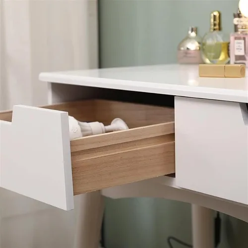 Vista 3 de Tocador, mesa de maquillaje, muebles de dormitorio, tocador con espejo LED con taburete de maquillaje, escritorio liso, tocador de maquillaje Negro