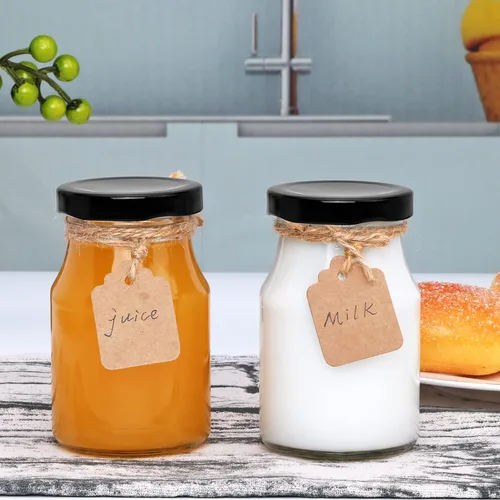 Vista 4 de QAPPDA Juego de 36 botellas de vidrio de 6 onzas, botellas de leche de vidrio transparente con tapa, botellas de jugo reutilizables de 6.8 fl oz