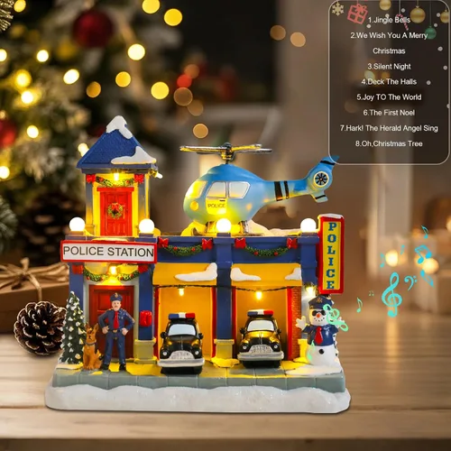 Vista 3 de WONDER GARDEN Casas de pueblo navideño, casas de Navidad, aldea - Estación de policía musical iluminada, edificios coleccionables con automóvil