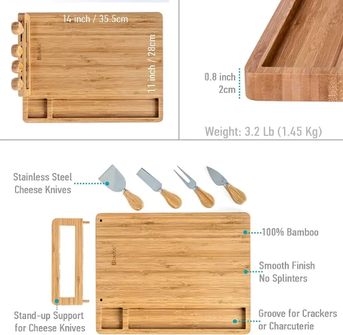 Vista 2 de Juego de tabla de queso de bambú y cuchillos de 14 x 11 pulgadas – Tabla de cortar queso de madera, bandeja de servir, juego de tabla de embutidos