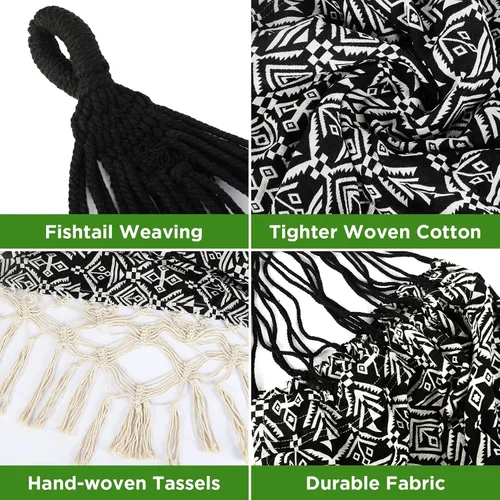 Vista 2 de Hamaca doble con flecos bohemios a rayas negras con flecos, cama colgante de tela de algodón suave para interiores y exteriores con cuerdas