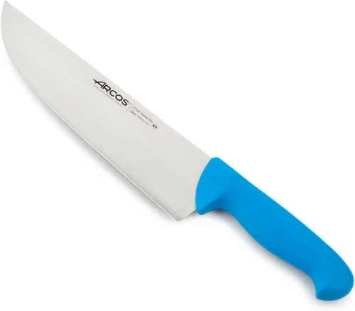 Vista 9 de Arcos Cuchillo de carnicero de acero inoxidable de 9 pulgadas. Cuchillo de cocina profesional para cortar carne, pescado y verduras. Mango Rojo