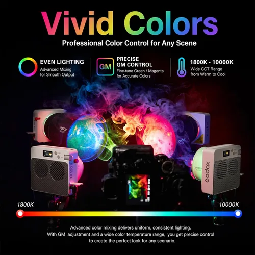 Vista 3 de Godox ML100R 110W RGB LED luz de video, con reflector intercambiable de 15°/1800-10000K CCT/14 efectos FX cinematográficos/múltiples opciones