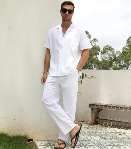 Vista 2 de RPOVIG Conjunto de camisa de lino y pantalones conjuntos de lino de 2 piezas para hombre, camisas de manga corta, pantalones de yoga, trajes