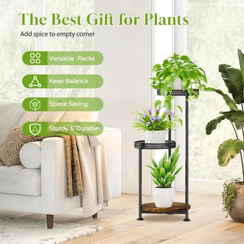 Vista 4 de Oppro - Soporte para plantas de interiores y exteriores, estante de metal de 3 niveles para macetas, soporte alto para múltiples plantas en esquina
