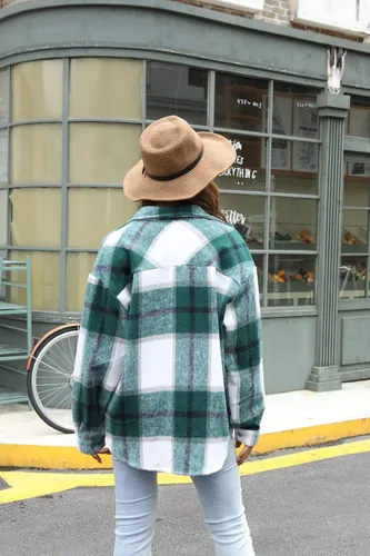 Vista 4 de Chaqueta casual para mujer mezcla de franela y lana a cuadros con manga larga botones y solapas estilo camisa abrigo de estilo informal y holgado