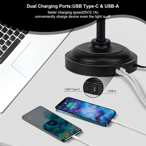 Vista 3 de Lámpara industrial de escritorio, lámpara de trabajo de metal negro con 2 puertos de carga USB, estilo vintage de granja para dormitorio, café