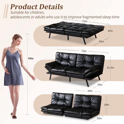 Vista 2 de Opoiar - Sofá cama de espuma viscoelástica para sala de estar, sofá biplaza moderno convertible para espacios de vida compactos, 71 pulgadas