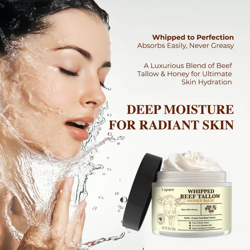 Vista 4 de Lupure Bálsamo de sebo de ternera para la piel, sargo de res alimentado con pasto batido con miel, hidratante facial orgánico y totalmente natural
