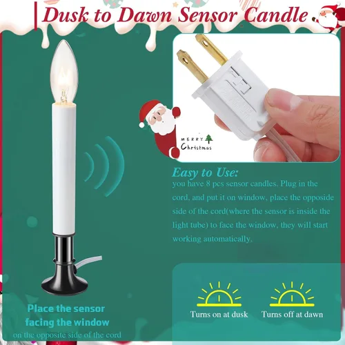 Vista 2 de Hortsun 8 velas eléctricas para ventana con base chapada en peltre, sensor de luz para ventana, gira con encendido/apagado automático