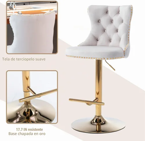 Vista 5 de Juego de 2 taburetes de bar beige, taburetes de bar tapizados ajustables con respaldo y reposapiés dorado, modernos taburetes de bar giratorios