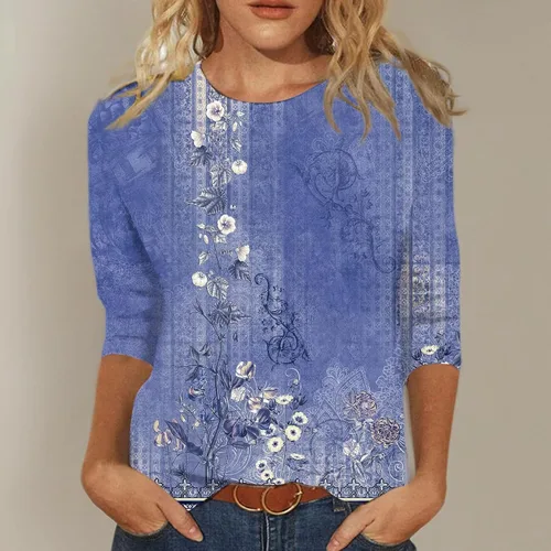 Vista 175 de Camisetas personalizadas para mujer, a la moda, casual, de séptima manga, estampada, cuello redondo, camiseta