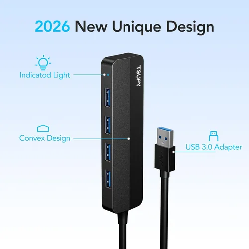 Vista 4 de Concentrador USB 3.0, TSUPY 4 puertos USB Hub USB 3.0 Splitter USB Puerto Expansor Extensor multipuerto USB 3.0 ultradelgado, 5Gbos, transferencia