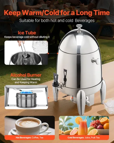 Vista 4 de VEVOR Dispensador de bebidas de acero inoxidable, dispensador de bebidas de 2.7 galones con quemador de alcohol, dispensadores de bebidas calientes