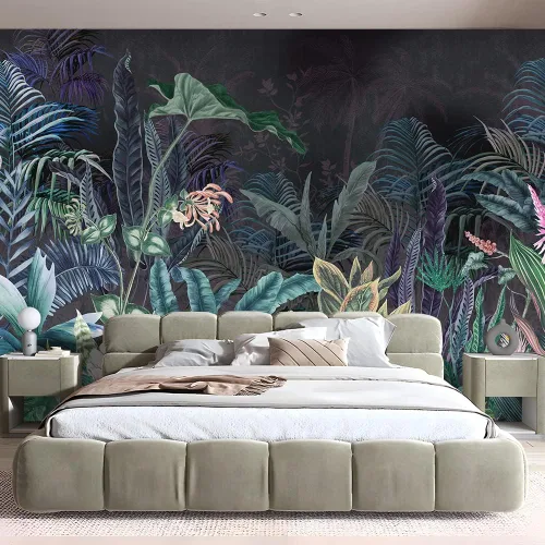 Vista 4 de Papel tapiz de bosque de selva de 151 x 105 pulgadas, papel tapiz autoadhesivo con estampado de flores tropicales de palmeras tropicales