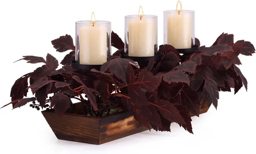 Vista 11 de Centro de mesa navideño de 3 pilares con portavelas de Navidad, bayas rojas artificiales, conos de pino y base de acero, arreglo de bayas
