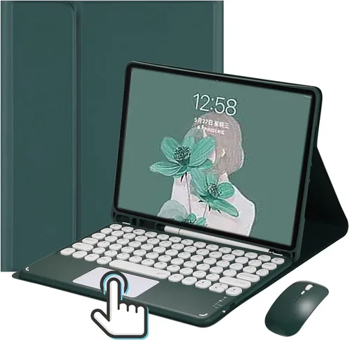 Vista 10 de Funda de teclado con panel táctil para iPad 6 iPad 5 Air 2 Pro de 9.7 pulgadas con teclado táctil retro de teclas redondas con ratón, teclado